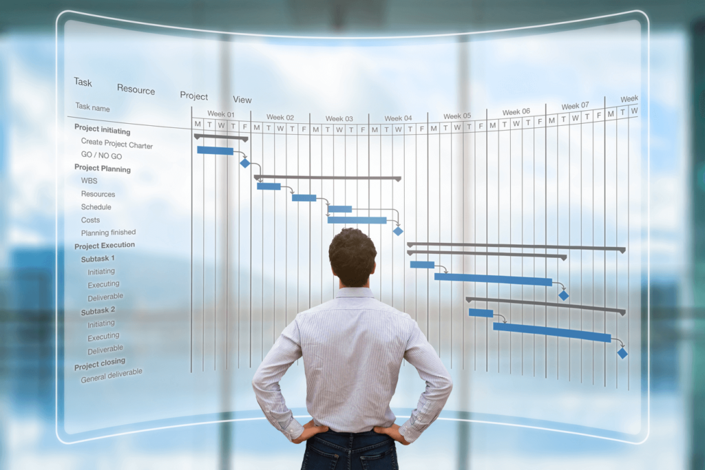 A man in front of a big transparent planning bar chart that shows information about production schedule of a purchase order. He is checking in detail this planning to know the actual order status as Nexua Excellnce quality explain in this article called What is expediting for?.